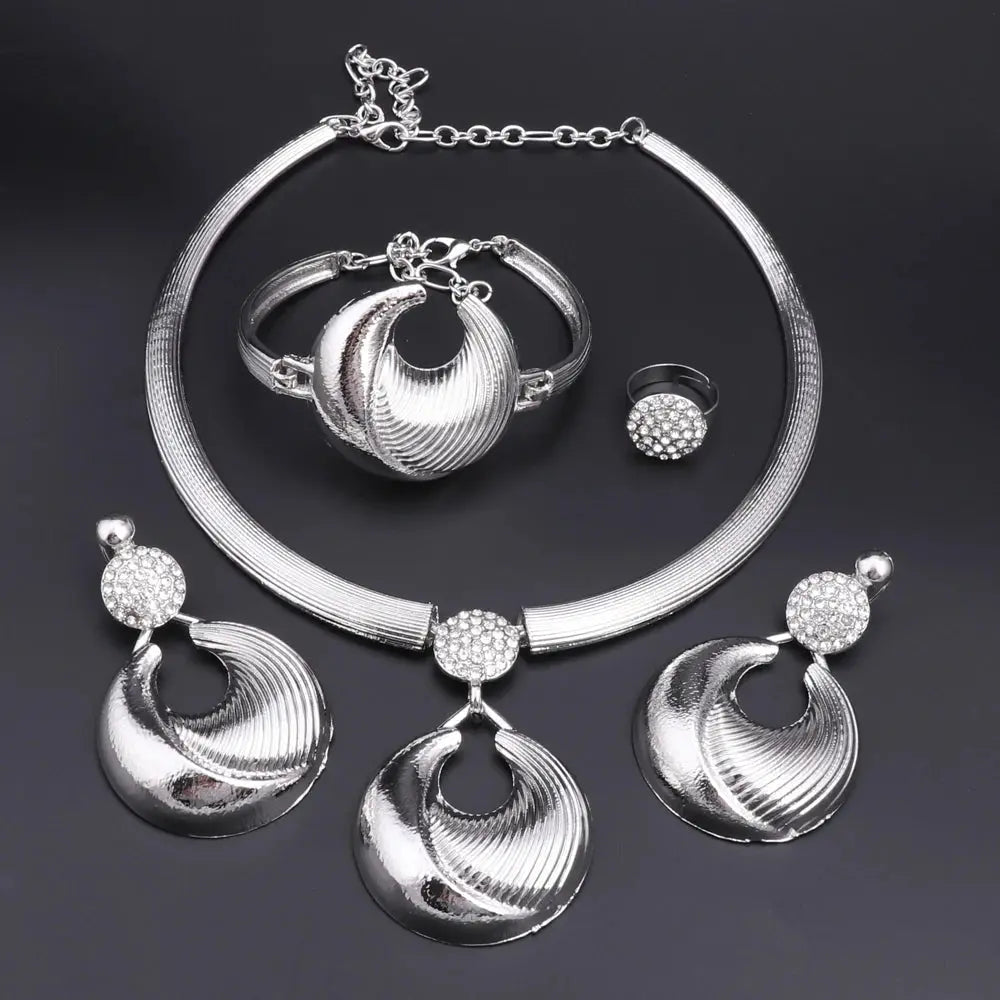 Dubai Jewelry Set For Women Silver Plated Luxury Necklace Earrings Bracelet And Ring Set Jewelry For Wedding Party Trending ﻿ theelegancejewellery