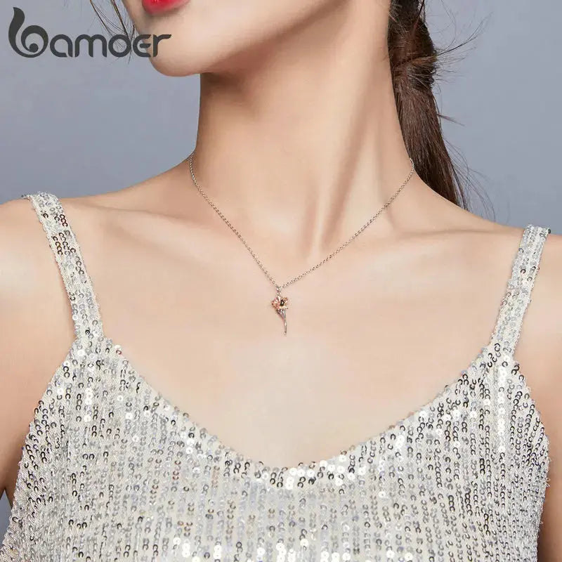 bamoer Sterling Silver 925 Graceful Rose Pendant Necklace for Women Chain Necklaces Plated platinum Jewelry BSN190 theelegancejewellery