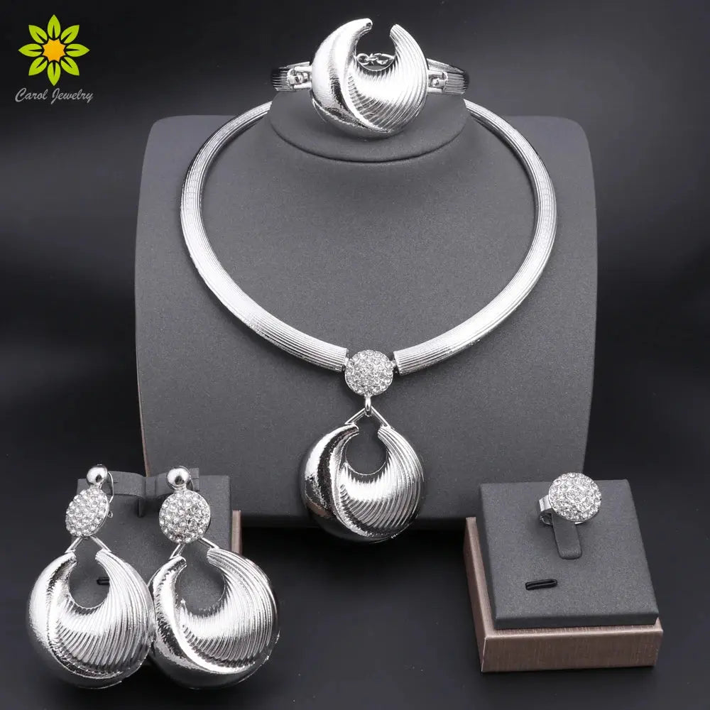 Dubai Jewelry Set For Women Silver Plated Luxury Necklace Earrings Bracelet And Ring Set Jewelry For Wedding Party Trending ﻿ theelegancejewellery
