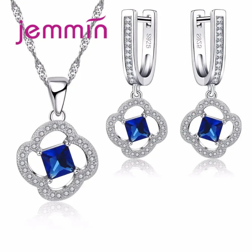 Women Jewelry Set Trendy 925 Silver  Cubic Zirconia Pendants Necklace Dangle Earrings Set For Engagement Wedding Accessory theelegancejewellery