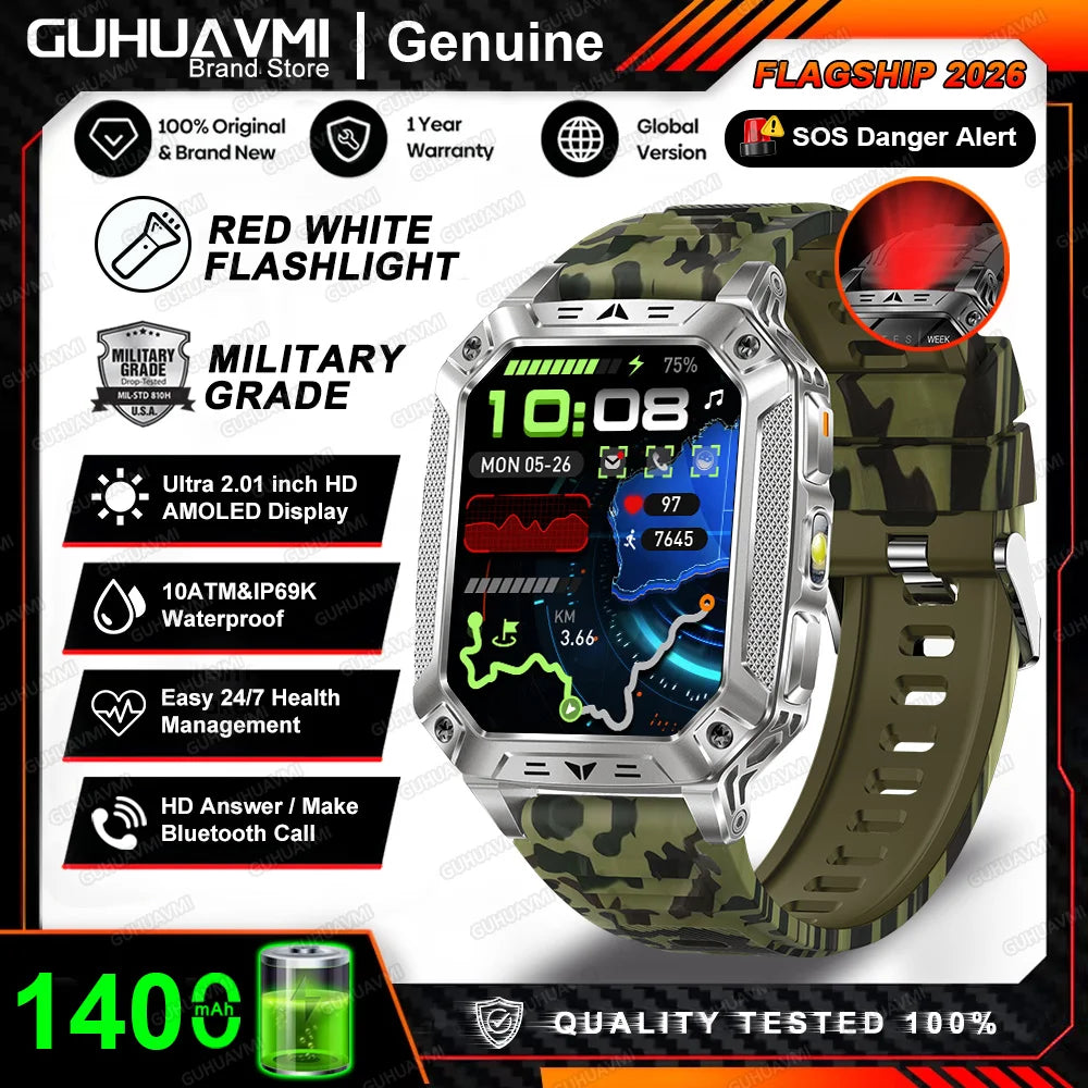2026 New 1400mAh Big Battery Smart Watch Men Outdoor GPS Flashlight 10ATM Waterproof Bluetooth Call AMOLED HD Sports Smartwatch