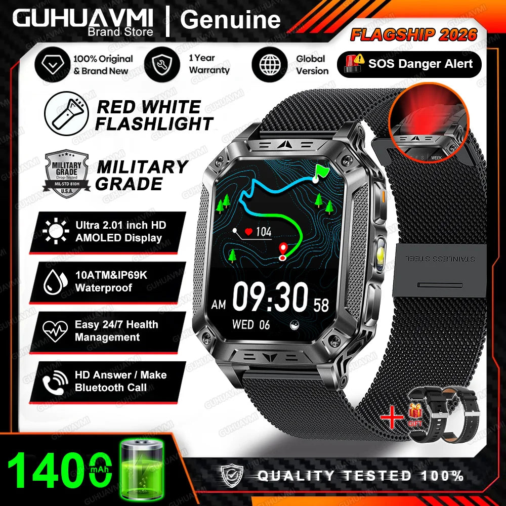 2026 New 1400mAh Big Battery Smart Watch Men Outdoor GPS Flashlight 10ATM Waterproof Bluetooth Call AMOLED HD Sports Smartwatch