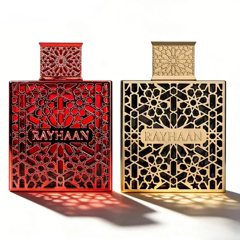 Two rectangular Rayhaan perfume bottles with red and gold color scheme