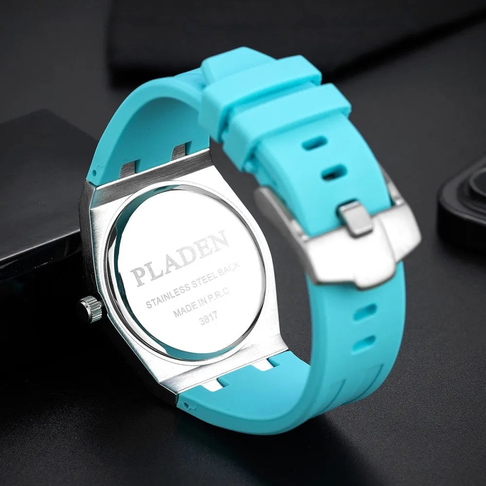PLADEN Men's Blue Dial Quartz Watch with Silicone Strap Date Display Casual Sports Wristwatch Hot Sale For Gift ﻿