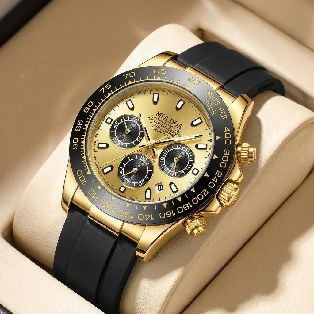 A men's silver and black business-casual niche three-dial calendar watch with a steel strap