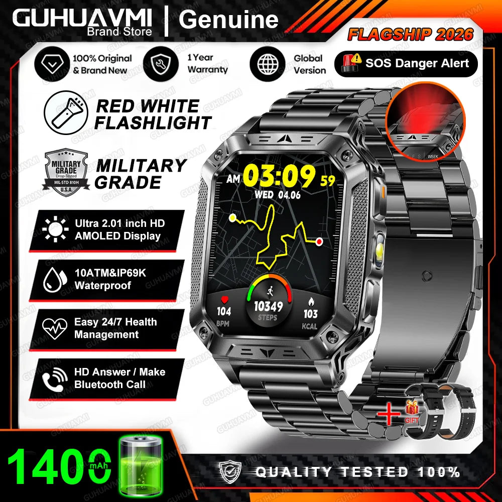 2026 New 1400mAh Big Battery Smart Watch Men Outdoor GPS Flashlight 10ATM Waterproof Bluetooth Call AMOLED HD Sports Smartwatch