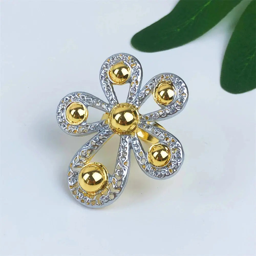 ESALE New Women Jewelry Two Tone Classic Design Necklace Set Flower Earrings Bracelet And Ring Full Set Jewelry Party Trending theelegancejewellery
