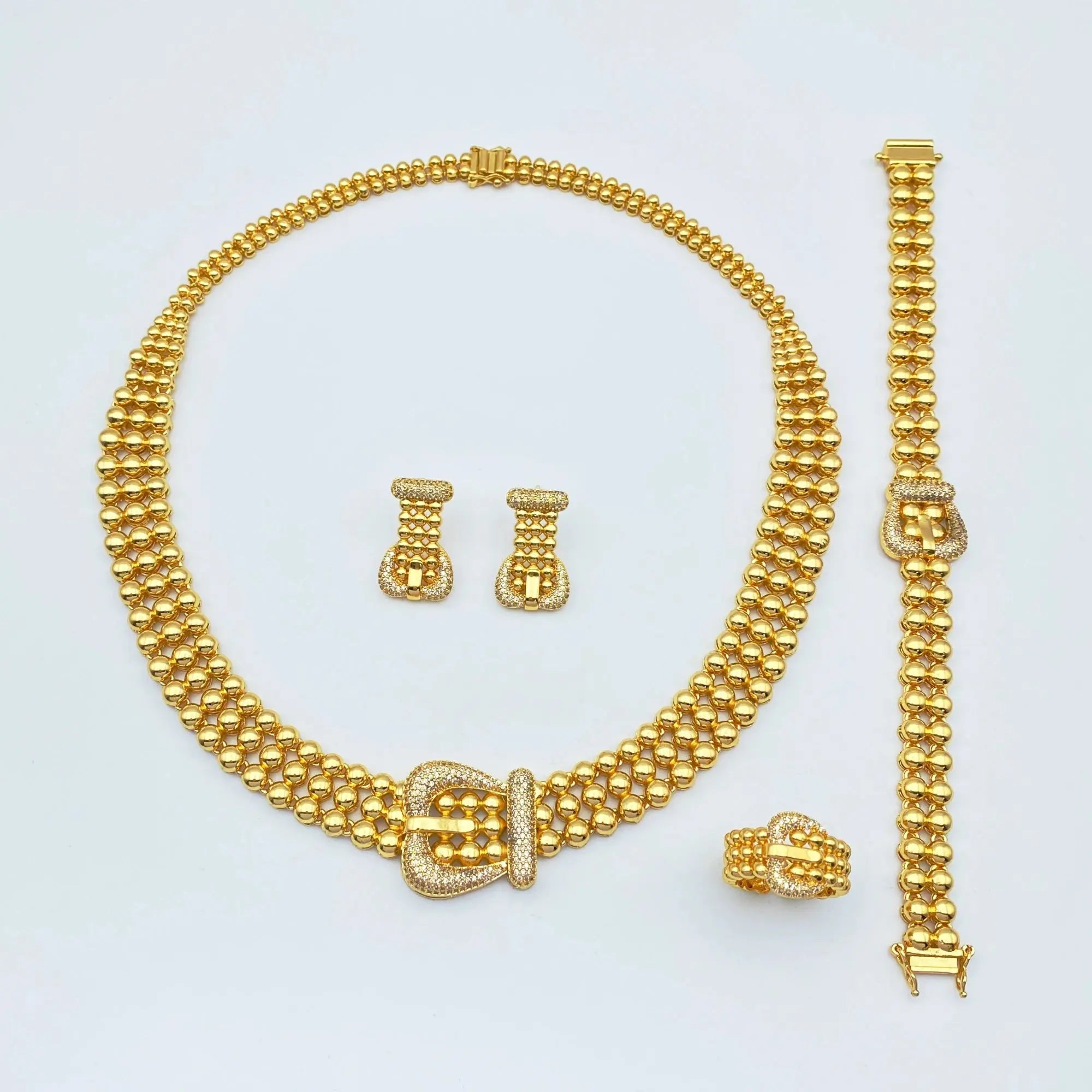 JRH Trendy Women’s Jewelry 4Piece Set Necklace Earrings Ring Bracelet Gold Plated Craf Zircon Design Versatile for Parties Dates theelegancejewellery