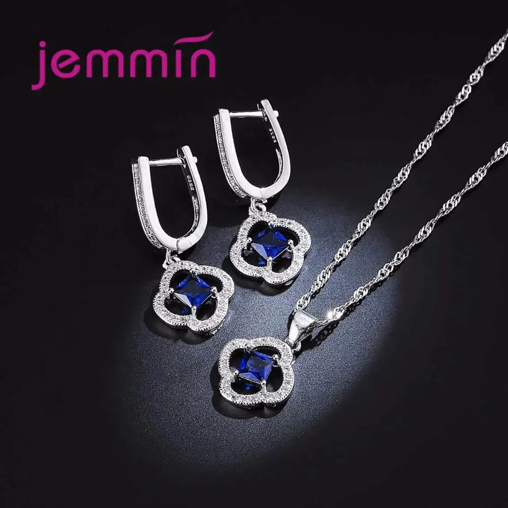 Women Jewelry Set Trendy 925 Silver  Cubic Zirconia Pendants Necklace Dangle Earrings Set For Engagement Wedding Accessory theelegancejewellery