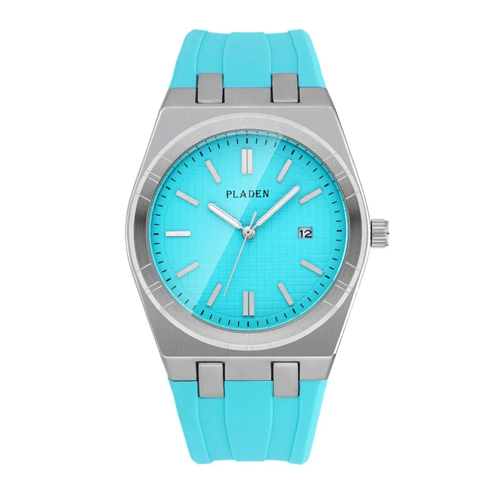 PLADEN Men's Blue Dial Quartz Watch with Silicone Strap Date Display Casual Sports Wristwatch Hot Sale For Gift ﻿