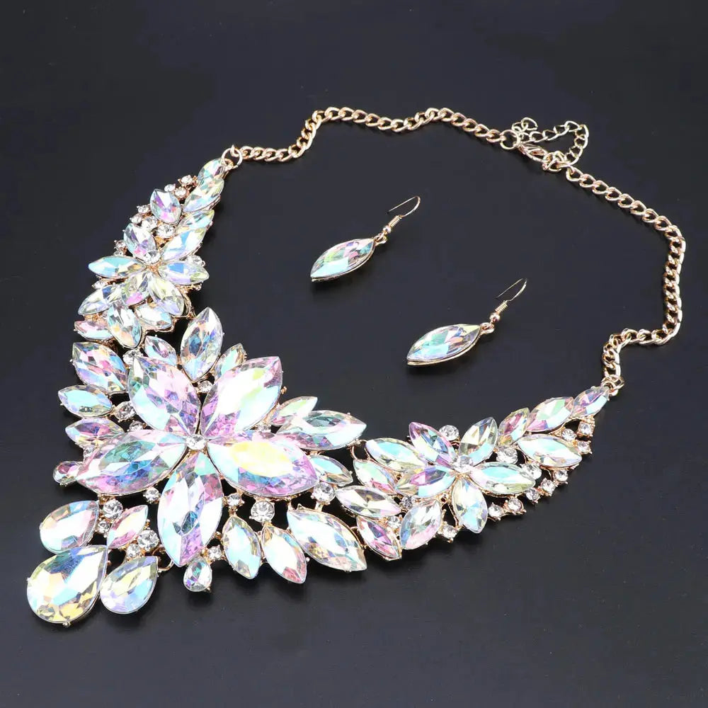 New Luxury Indian Bridal Jewelry Sets Wedding Party Costume Jewellery Womens Fashion Gifts Flower Crystal Necklace Earrings Sets theelegancejewellery