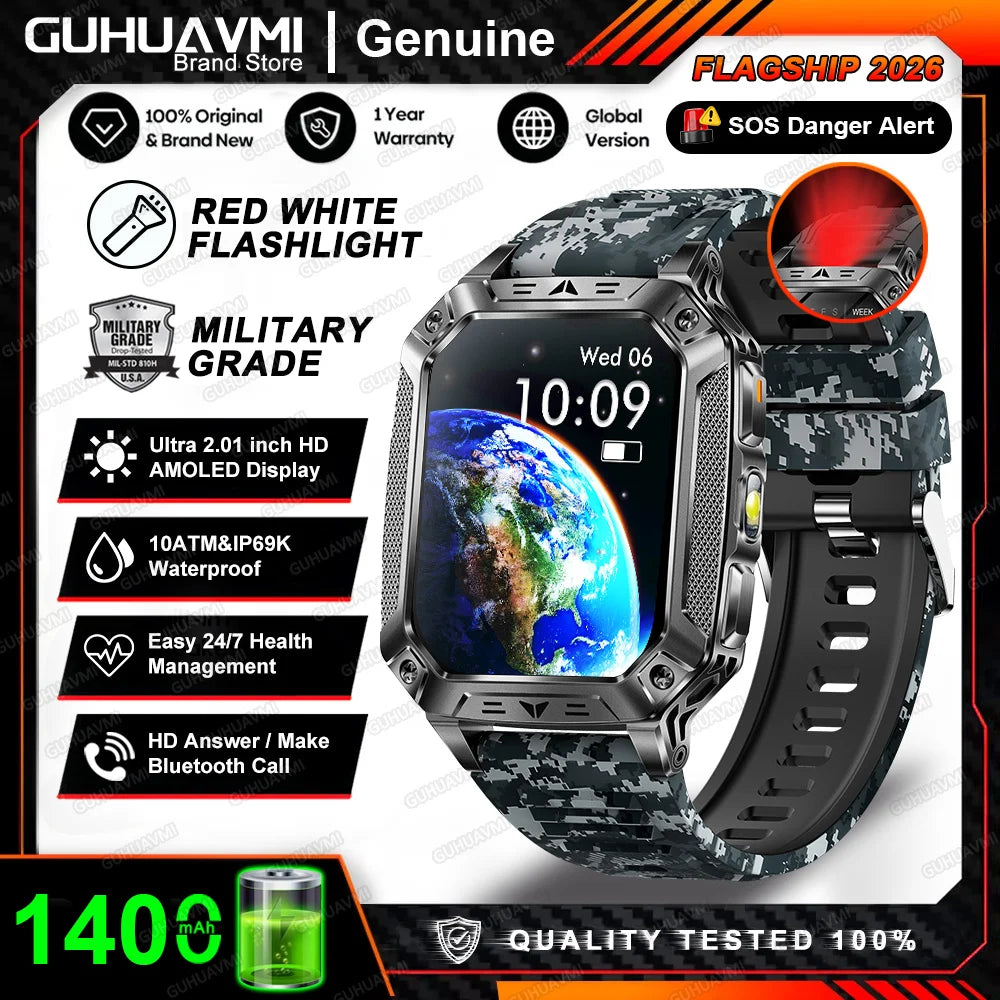 2026 New 1400mAh Big Battery Smart Watch Men Outdoor GPS Flashlight 10ATM Waterproof Bluetooth Call AMOLED HD Sports Smartwatch