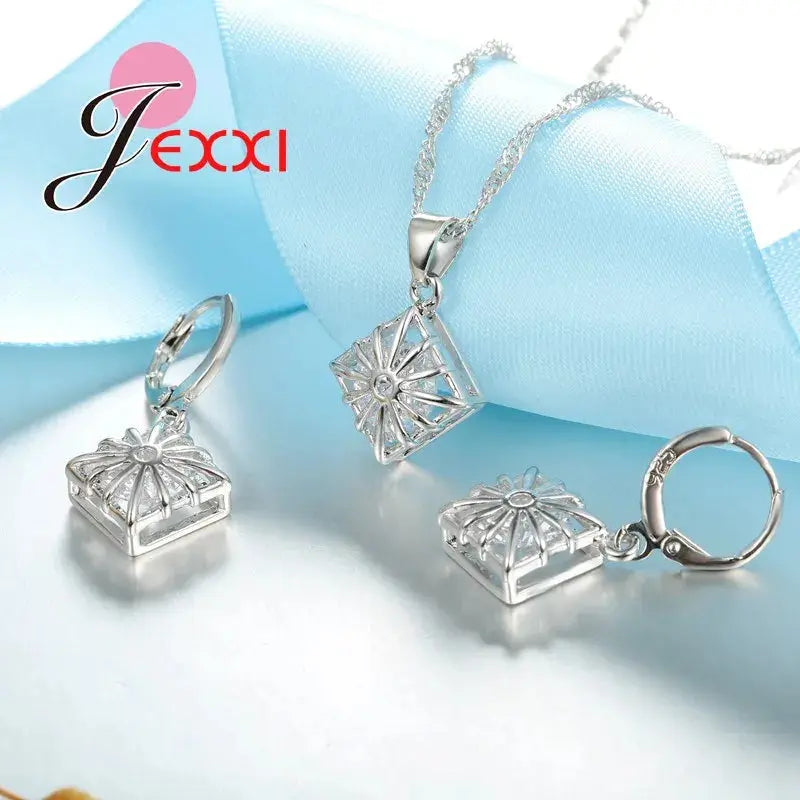 Trendy Women Wedding Jewelry Set 925Sterling Silver Color Color Austrian Crystal Pendant Fashion Necklace + Earrings Set theelegancejewellery