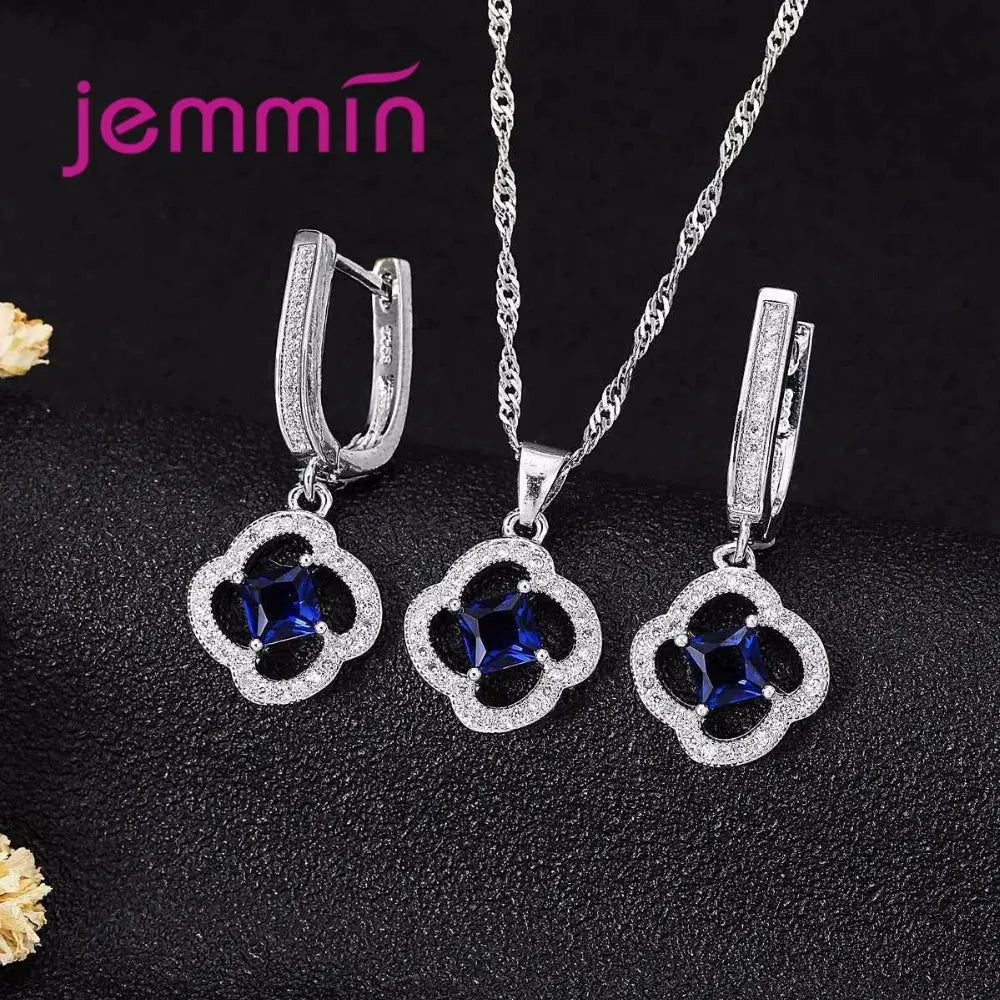Women Jewelry Set Trendy 925 Silver  Cubic Zirconia Pendants Necklace Dangle Earrings Set For Engagement Wedding Accessory theelegancejewellery