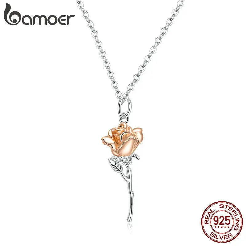bamoer Sterling Silver 925 Graceful Rose Pendant Necklace for Women Chain Necklaces Plated platinum Jewelry BSN190 theelegancejewellery