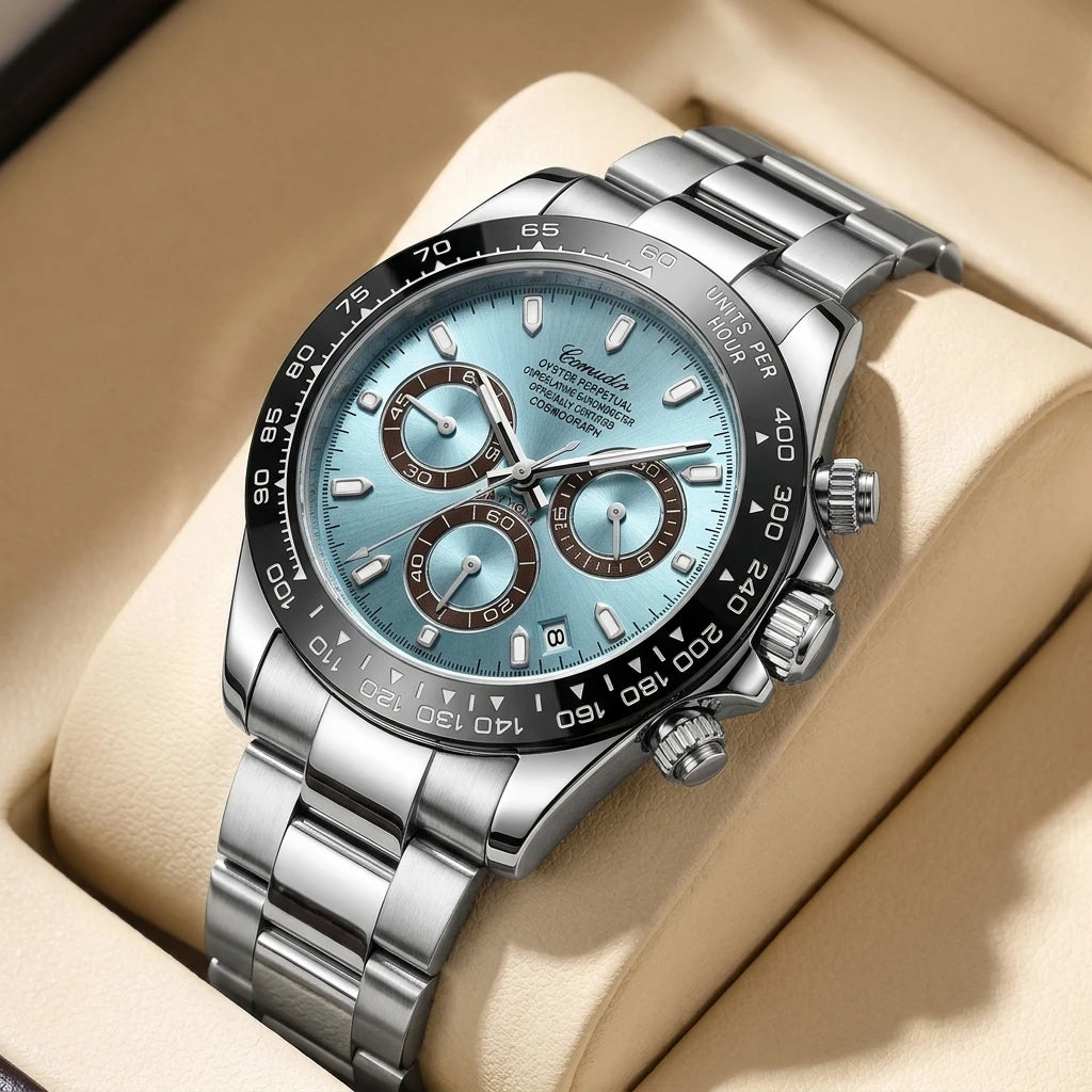 A men's silver and black business-casual niche three-dial calendar watch with a steel strap