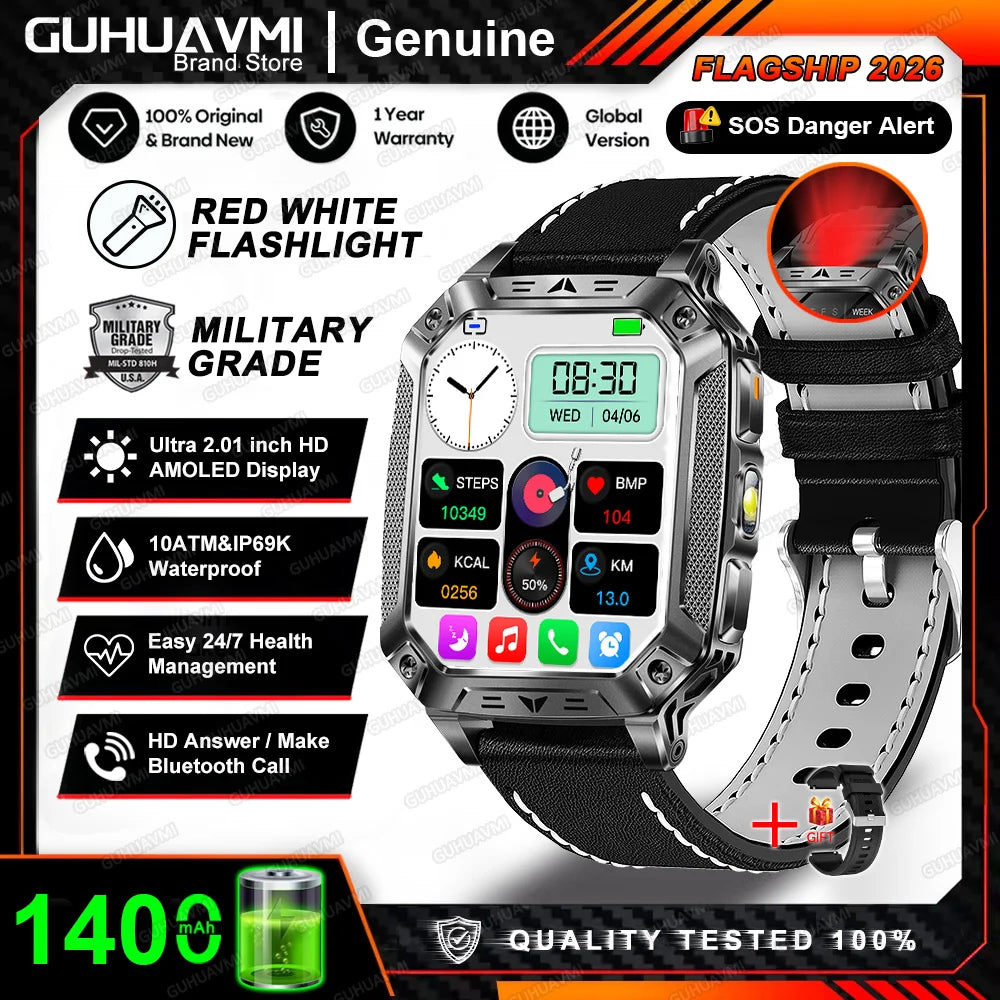 2026 New 1400mAh Big Battery Smart Watch Men Outdoor GPS Flashlight 10ATM Waterproof Bluetooth Call AMOLED HD Sports Smartwatch