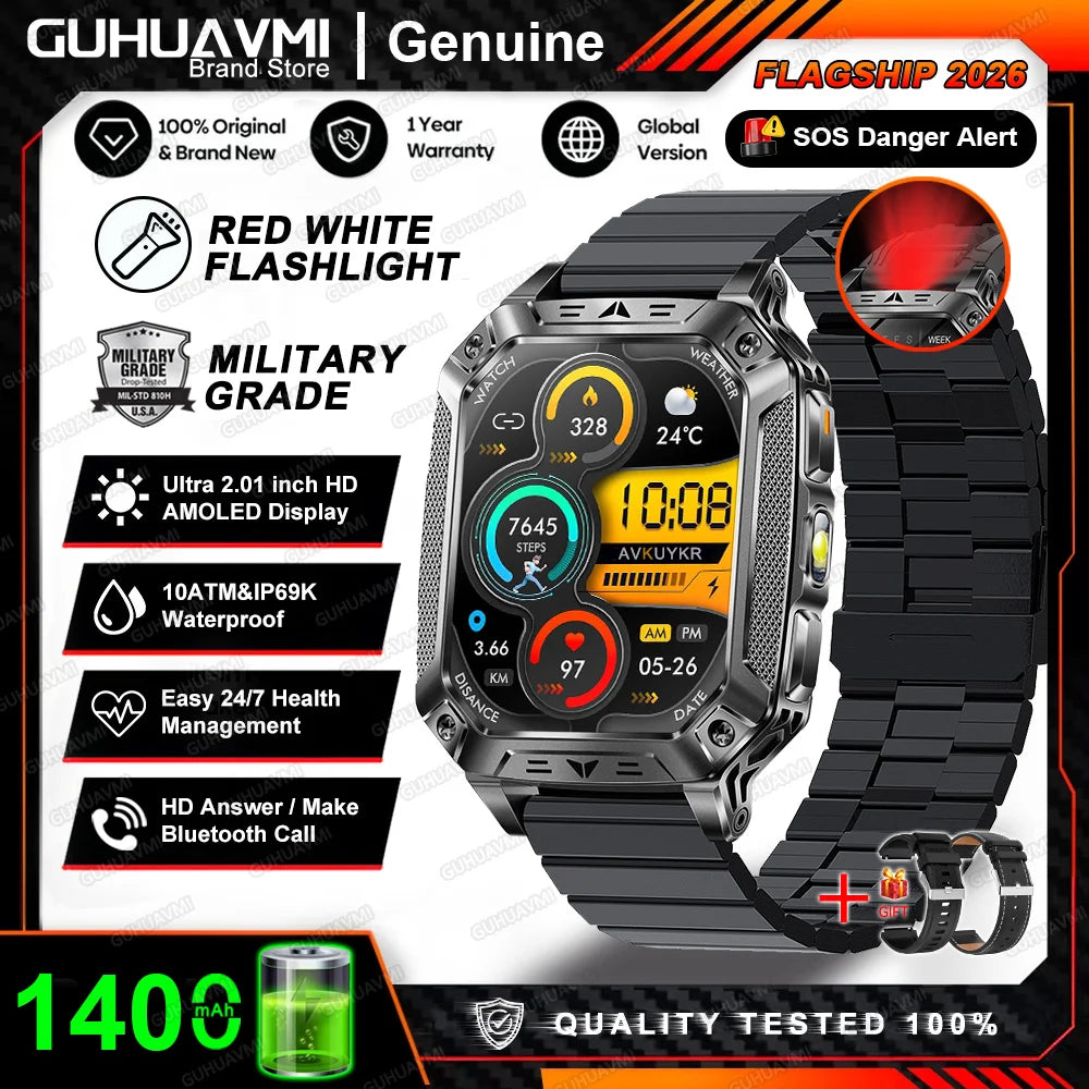 2026 New 1400mAh Big Battery Smart Watch Men Outdoor GPS Flashlight 10ATM Waterproof Bluetooth Call AMOLED HD Sports Smartwatch