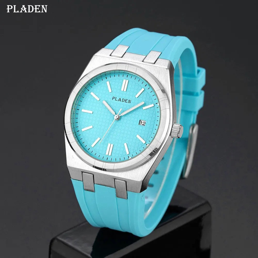 PLADEN Men's Blue Dial Quartz Watch with Silicone Strap Date Display Casual Sports Wristwatch Hot Sale For Gift ﻿