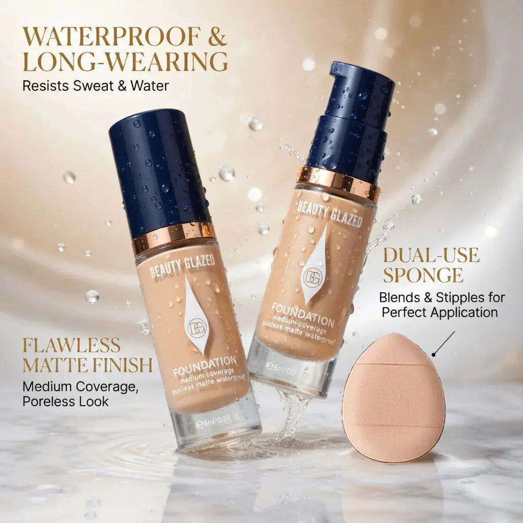 Face Foundation Makeup Set:2 Matte Foundation+1 Puff,Full Coverage,5 Shades,For All Skin Types,Long-Lasting Waterproof,Mini Size theelegancejewellery