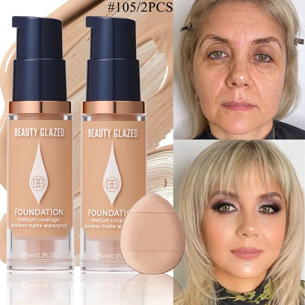 Face Foundation Makeup Set:2 Matte Foundation+1 Puff,Full Coverage,5 Shades,For All Skin Types,Long-Lasting Waterproof,Mini Size theelegancejewellery