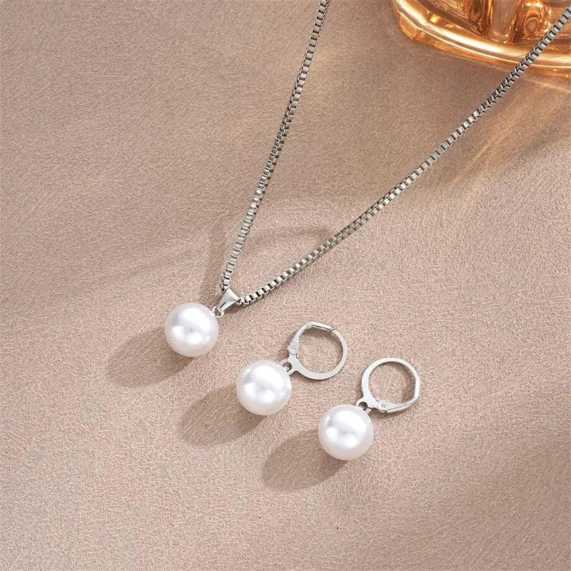 Fashion Elegant Imitation Pearl Pendant Jewelry Set for Women Vintage Gold Color Chain Necklace Earring Girl Wedding Party Gifts theelegancejewellery