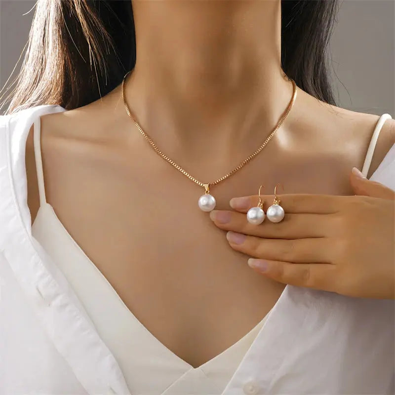 Fashion Elegant Imitation Pearl Pendant Jewelry Set for Women Vintage Gold Color Chain Necklace Earring Girl Wedding Party Gifts theelegancejewellery