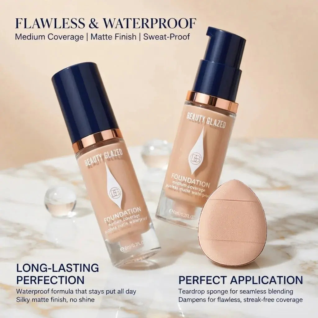 Face Foundation Makeup Set:2 Matte Foundation+1 Puff,Full Coverage,5 Shades,For All Skin Types,Long-Lasting Waterproof,Mini Size theelegancejewellery