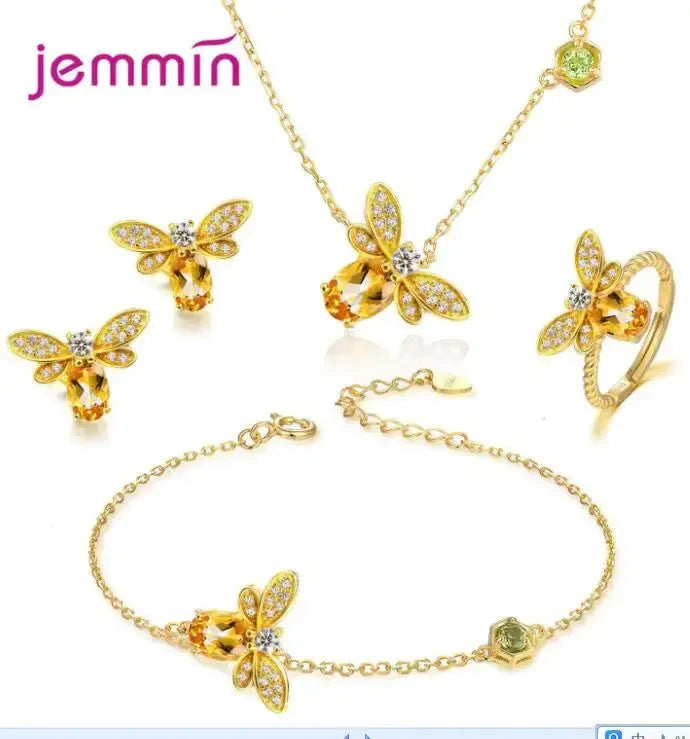 New Arrival Women Fashion Full Sets Bee Jewelry 925 Silver Trendy Gold Color Bracelet Earrings Pendant Necklace For Sale theelegancejewellery