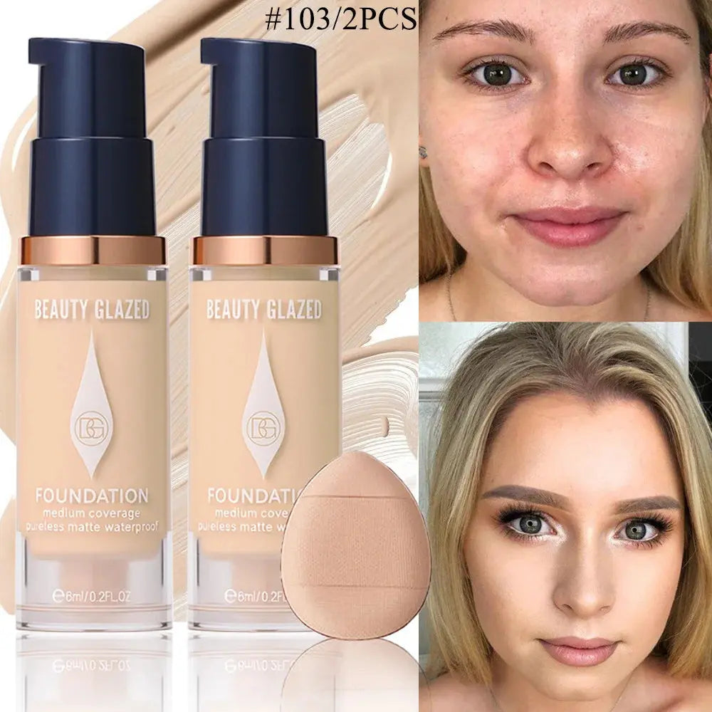 Face Foundation Makeup Set:2 Matte Foundation+1 Puff,Full Coverage,5 Shades,For All Skin Types,Long-Lasting Waterproof,Mini Size theelegancejewellery