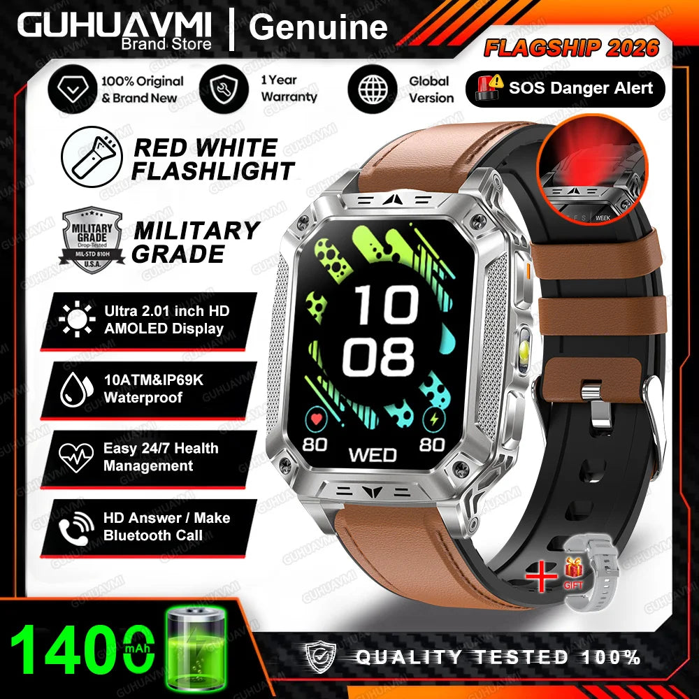 2026 New 1400mAh Big Battery Smart Watch Men Outdoor GPS Flashlight 10ATM Waterproof Bluetooth Call AMOLED HD Sports Smartwatch