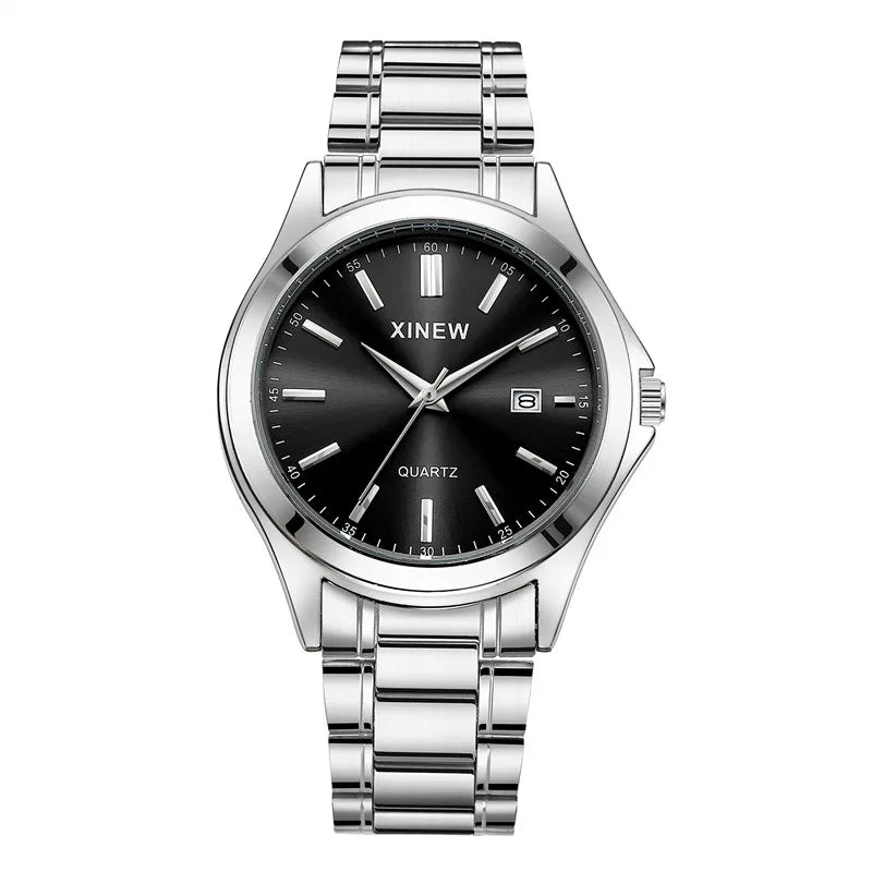 Genuine XINEW Brand Men Watches Silver Students Boys Fashion Full Stainless Steel Band Date Quartz Watch Relogios Masculinos