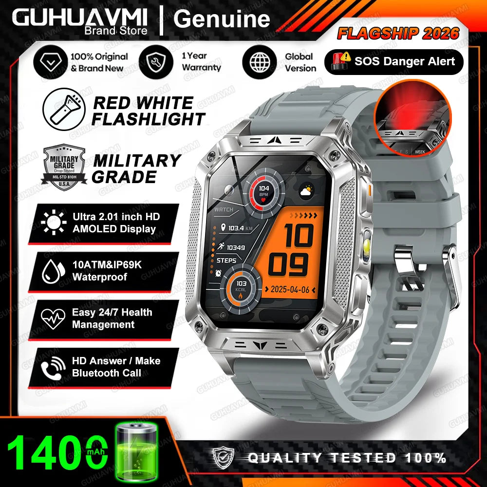 2026 New 1400mAh Big Battery Smart Watch Men Outdoor GPS Flashlight 10ATM Waterproof Bluetooth Call AMOLED HD Sports Smartwatch