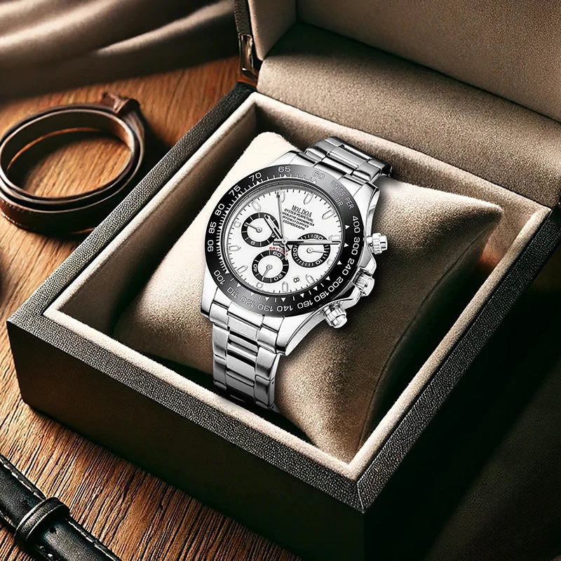 A men's silver and black business-casual niche three-dial calendar watch with a steel strap