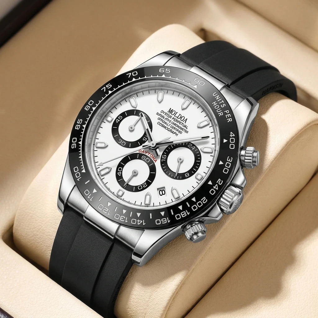 A men's silver and black business-casual niche three-dial calendar watch with a steel strap