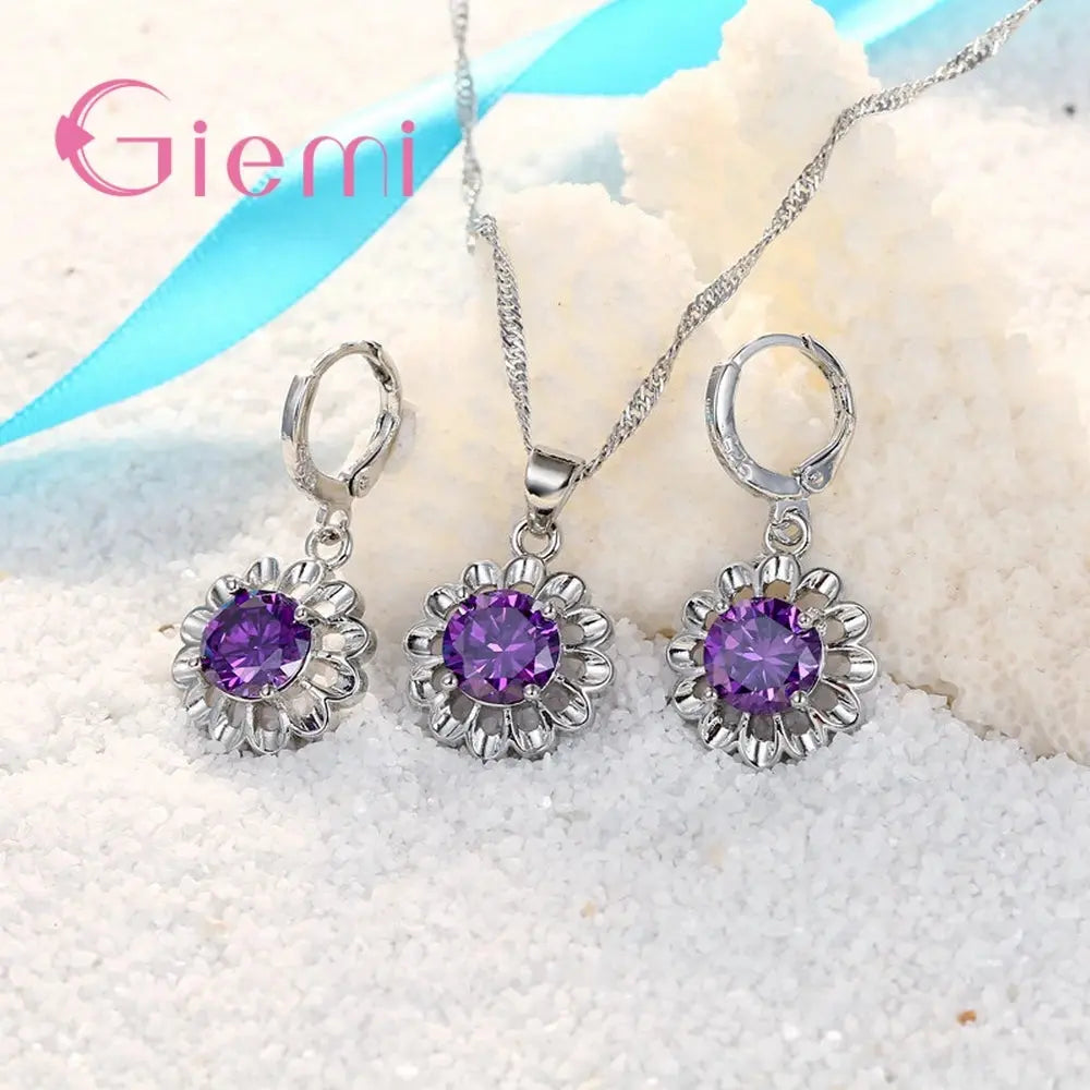 Newest Trendy Wedding Jewelry Set Women Top Quality 925 Sterling Silver Crystal Pendant Necklace Hoop Earring Big Promotion theelegancejewellery