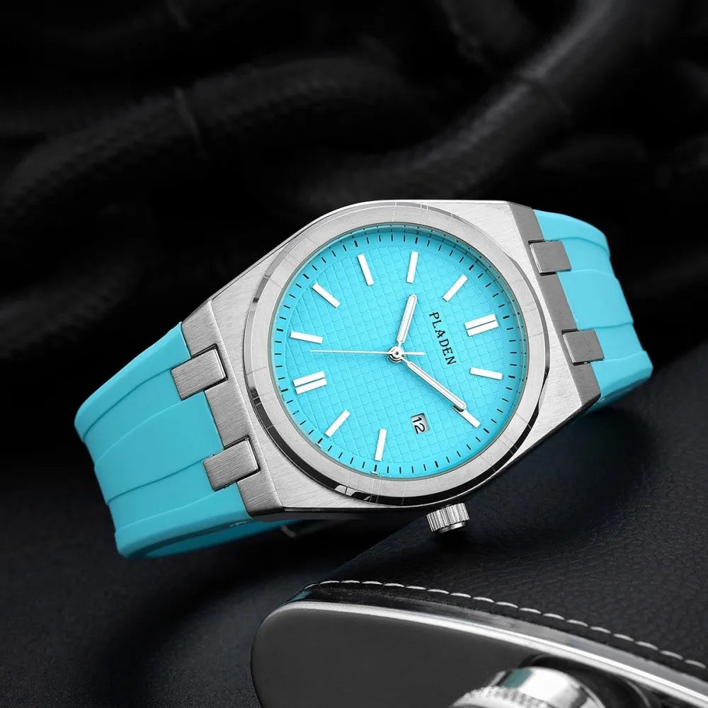 PLADEN Men's Blue Dial Quartz Watch with Silicone Strap Date Display Casual Sports Wristwatch Hot Sale For Gift ﻿
