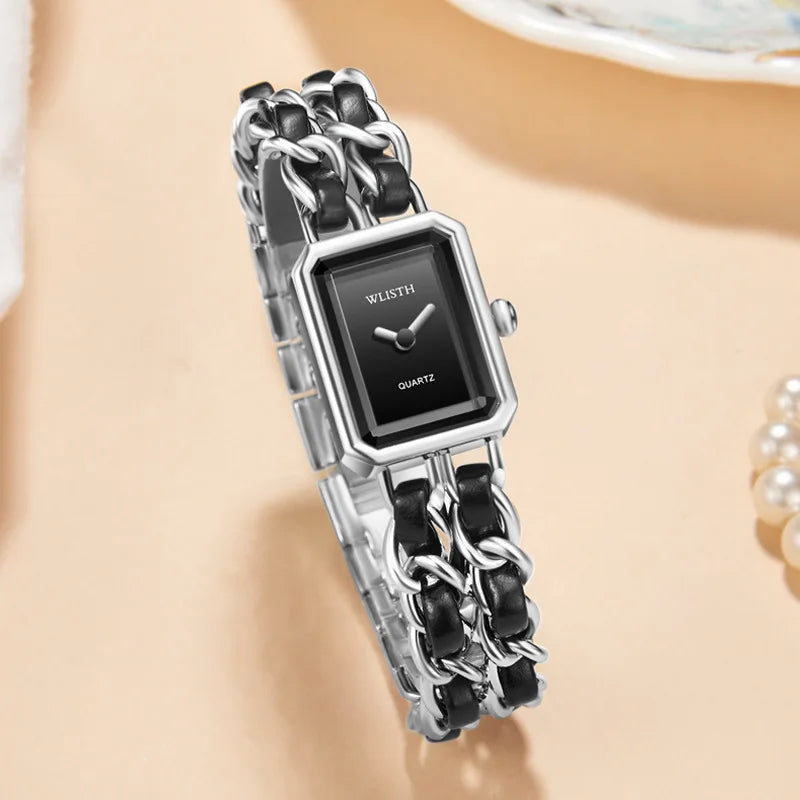 2026 New Luxury Fashion Wristwatches Woman Girl Rectangle Style Steel Metal Leather Band Quartz Square Clock reloj para mujer
