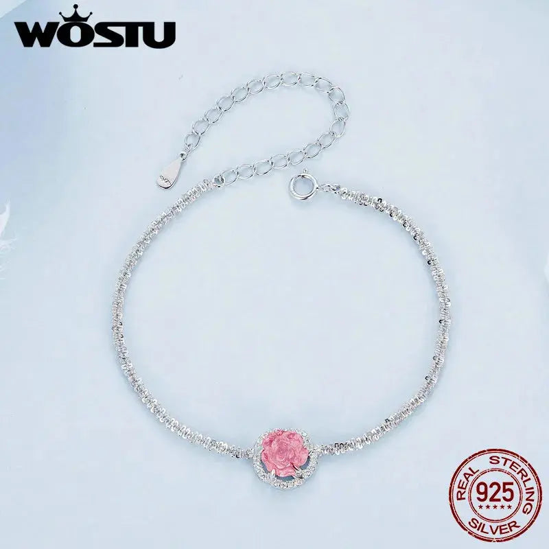 WOSTU 925 Sterling Silver Change Color Flower Link Bracelet Women Romantic Pink Rose Flowers Charm Bracelets Party Jewelry Gift EleganceJewellery