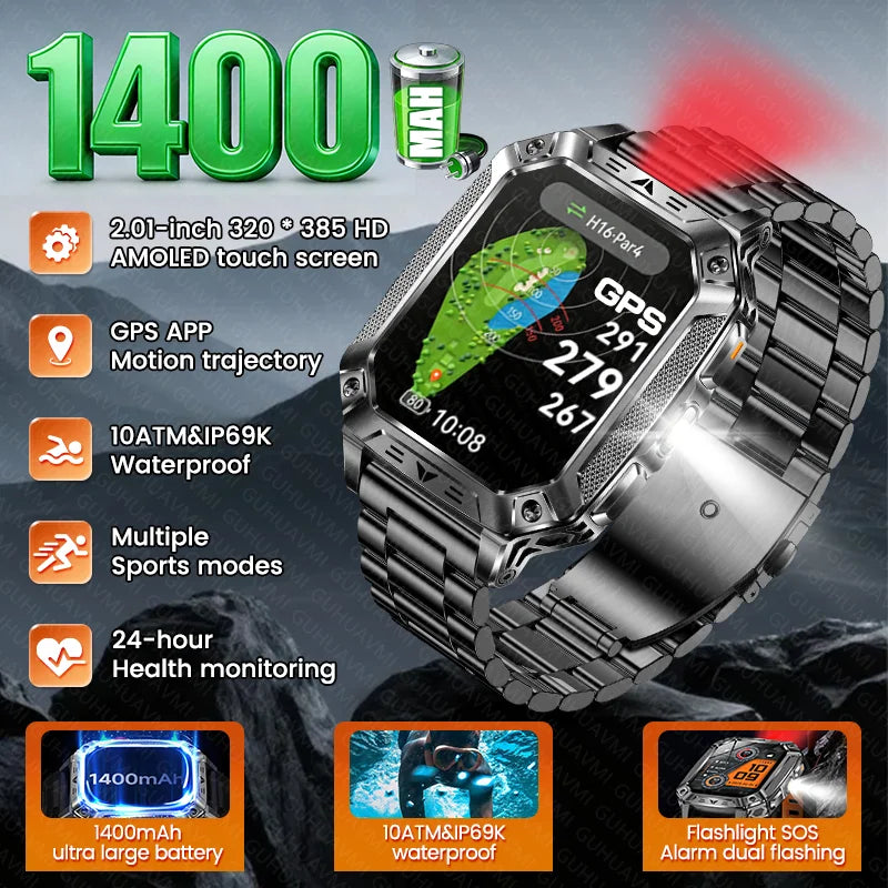 2026 New 1400mAh Big Battery Smart Watch Men Outdoor GPS Flashlight 10ATM Waterproof Bluetooth Call AMOLED HD Sports Smartwatch