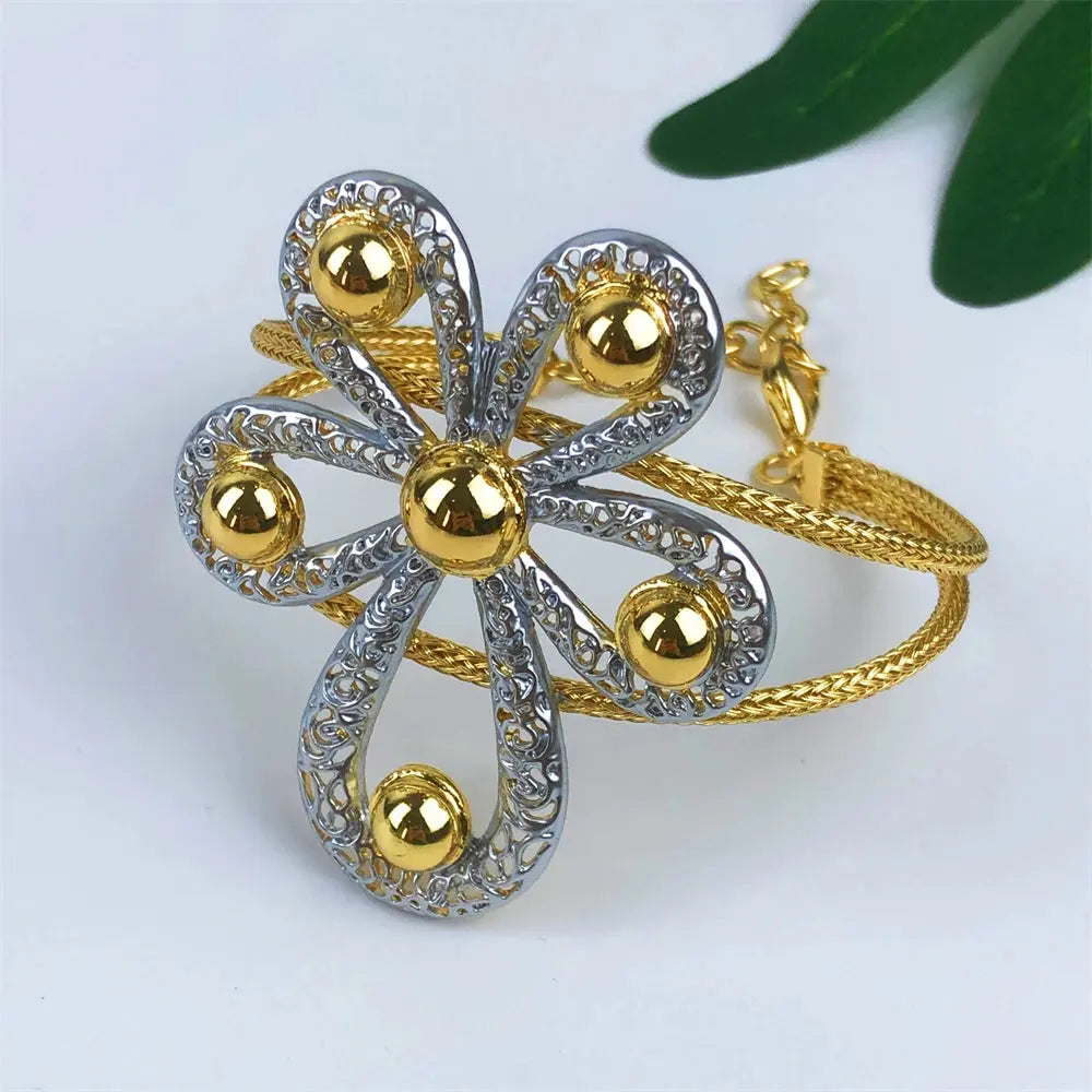 ESALE New Women Jewelry Two Tone Classic Design Necklace Set Flower Earrings Bracelet And Ring Full Set Jewelry Party Trending theelegancejewellery