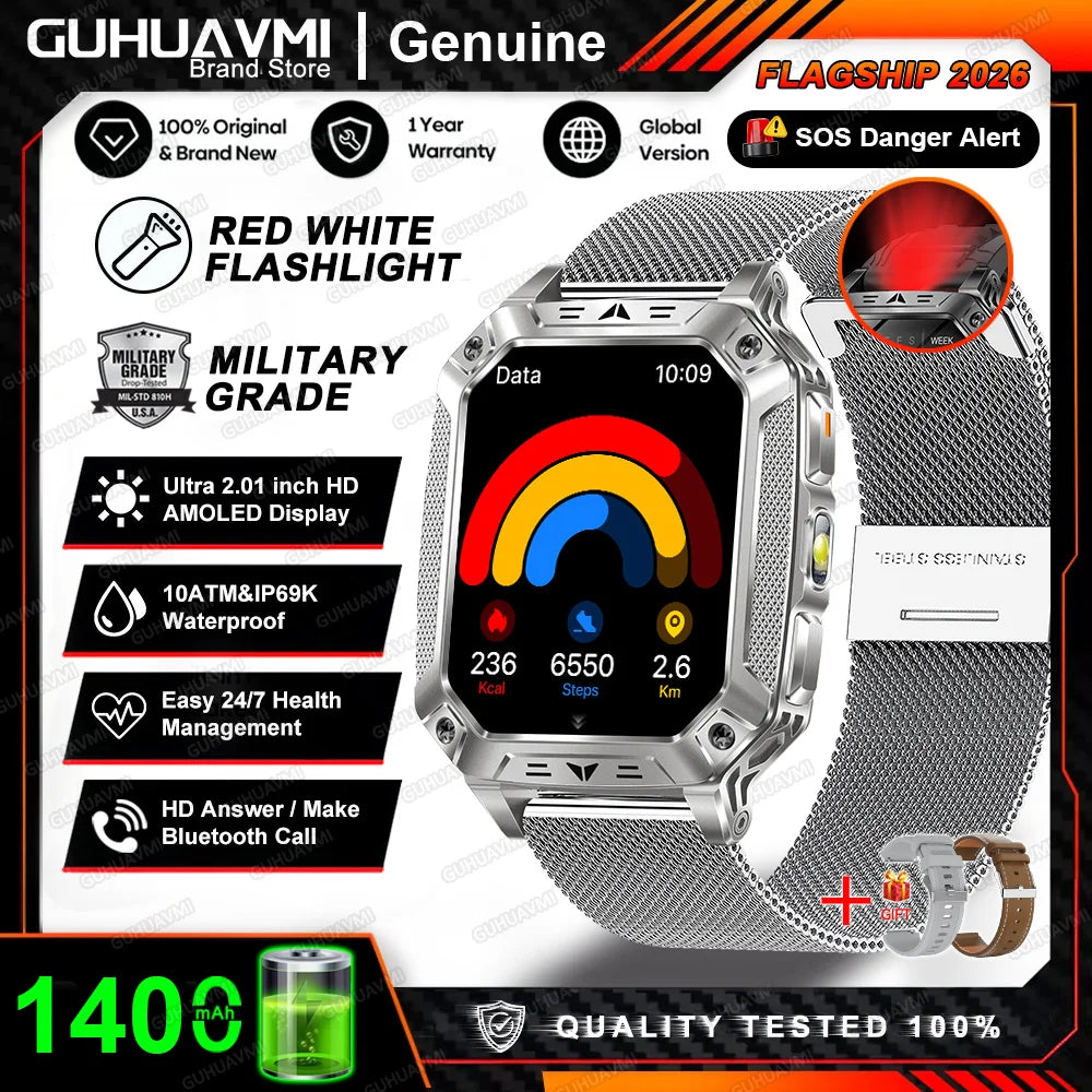2026 New 1400mAh Big Battery Smart Watch Men Outdoor GPS Flashlight 10ATM Waterproof Bluetooth Call AMOLED HD Sports Smartwatch