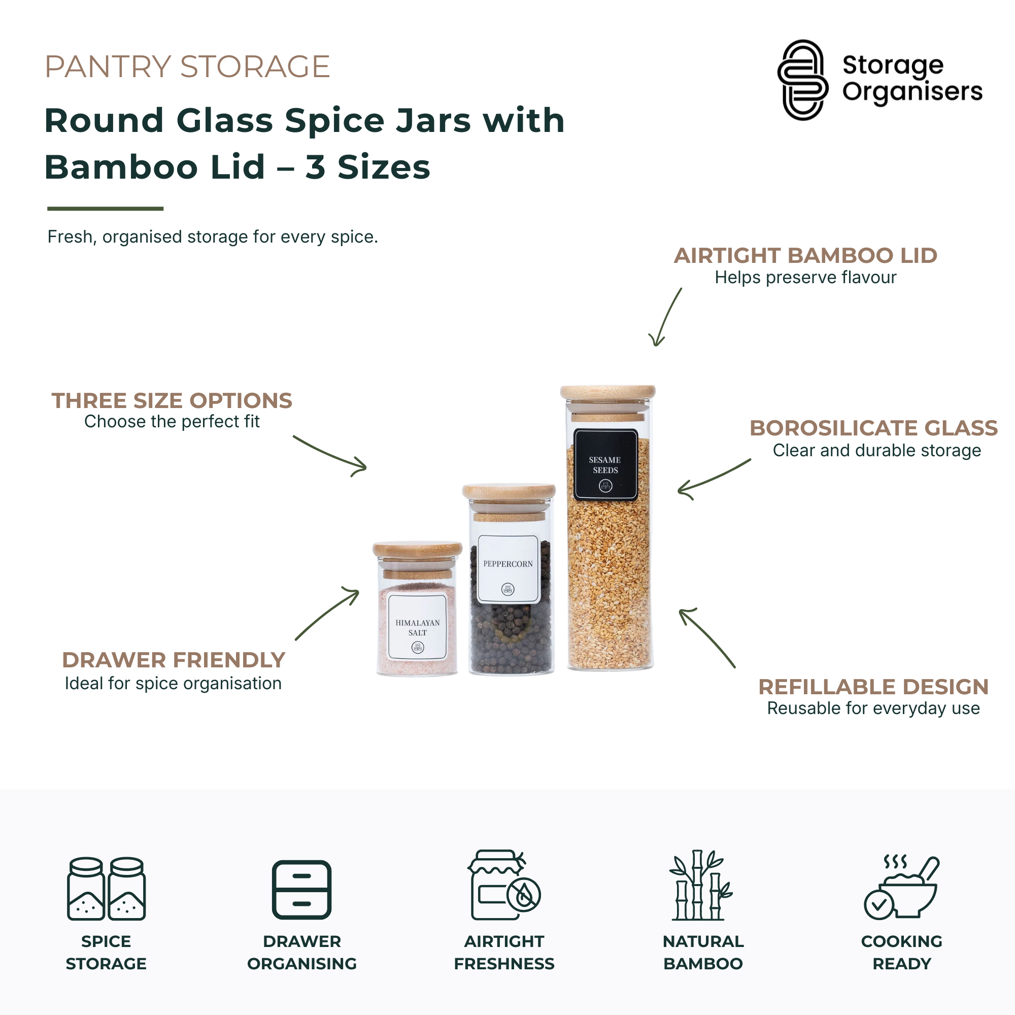 Round Glass Spice Jars with Bamboo Lid – 3 Sizes